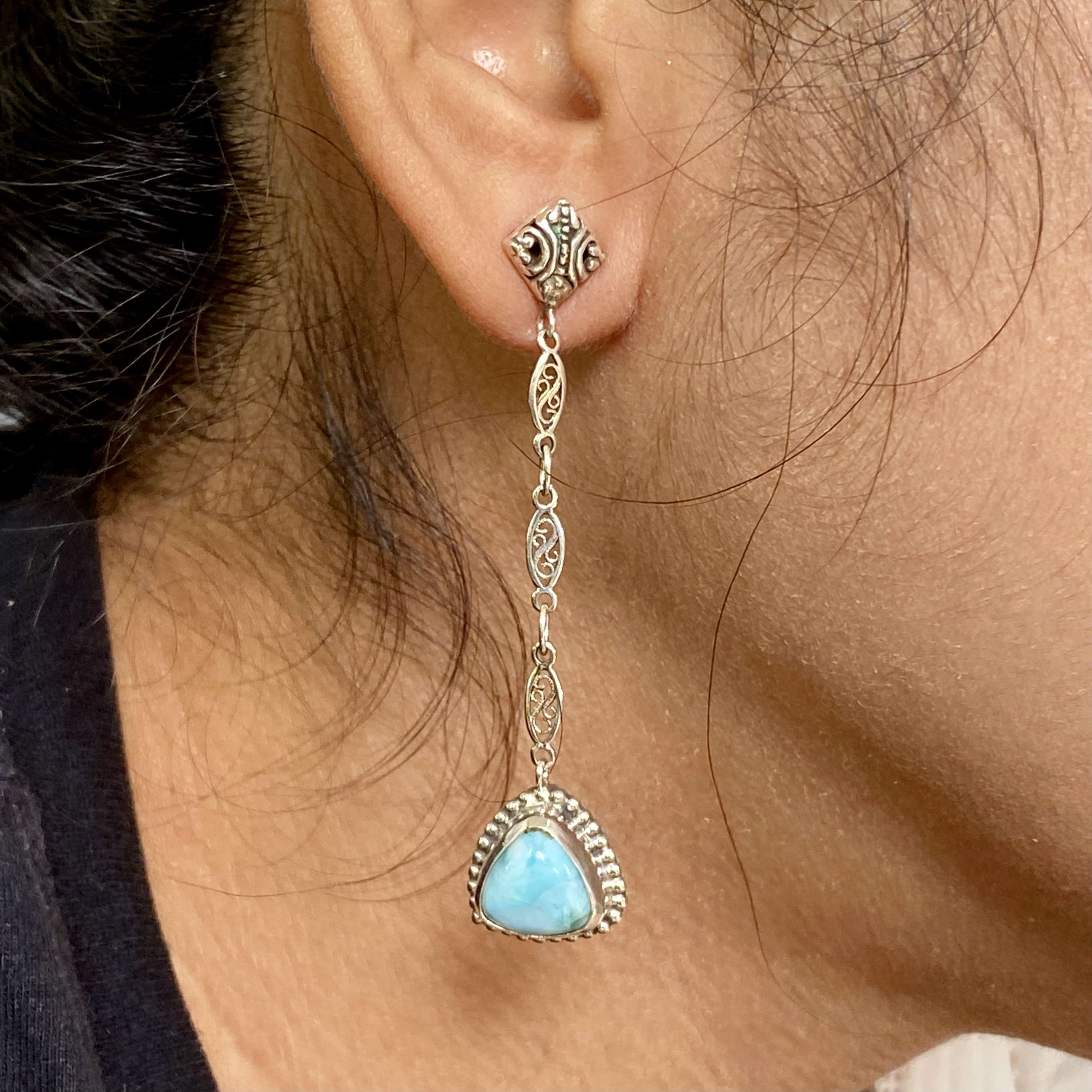 HANDMADE 925 BALI STERLING SILVER FILIGREE EARRINGS WITH LARIMAR